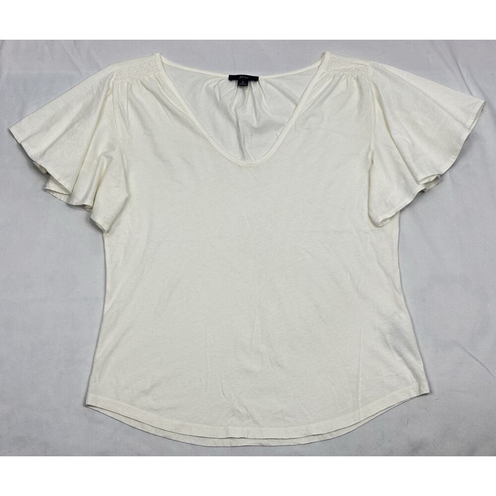 J Crew White Short Flutter Sleeve V- Neck Cotton Top T-Shirt Feminine Size M